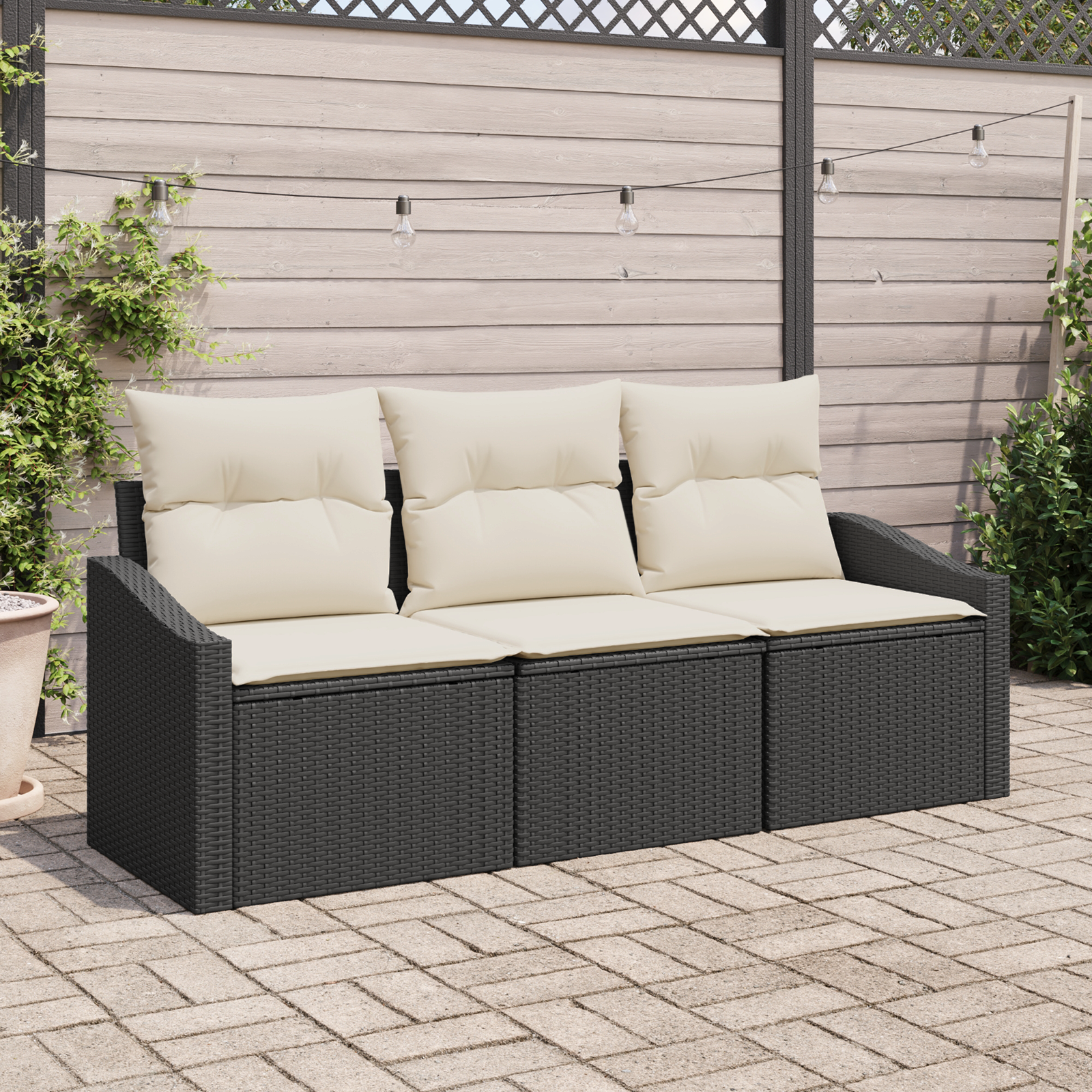 Set di Divani da Giardino 3 Pezzi con Cuscini Rattan Polyrattan Nero