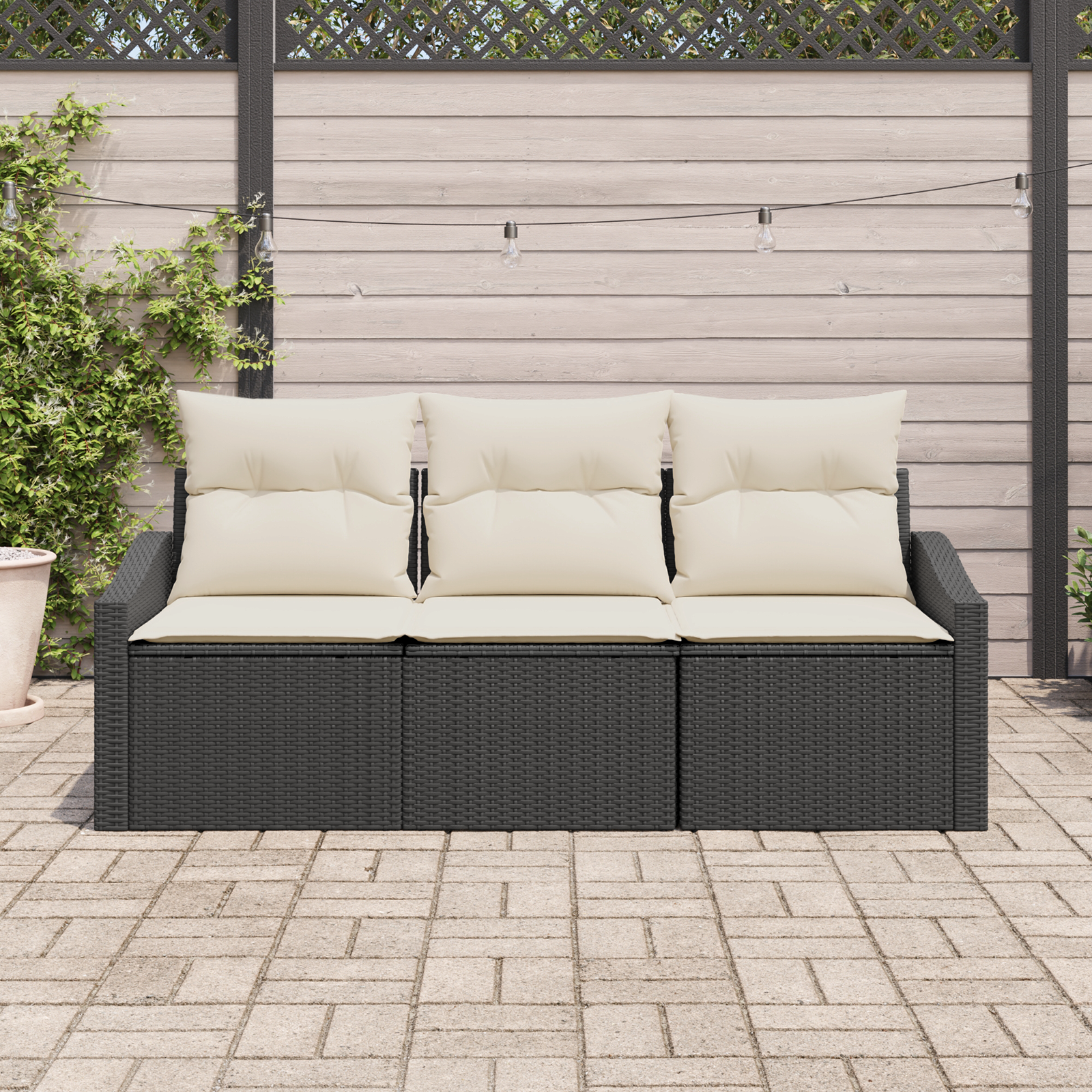 Set di Divani da Giardino 3 Pezzi con Cuscini Rattan Polyrattan Nero