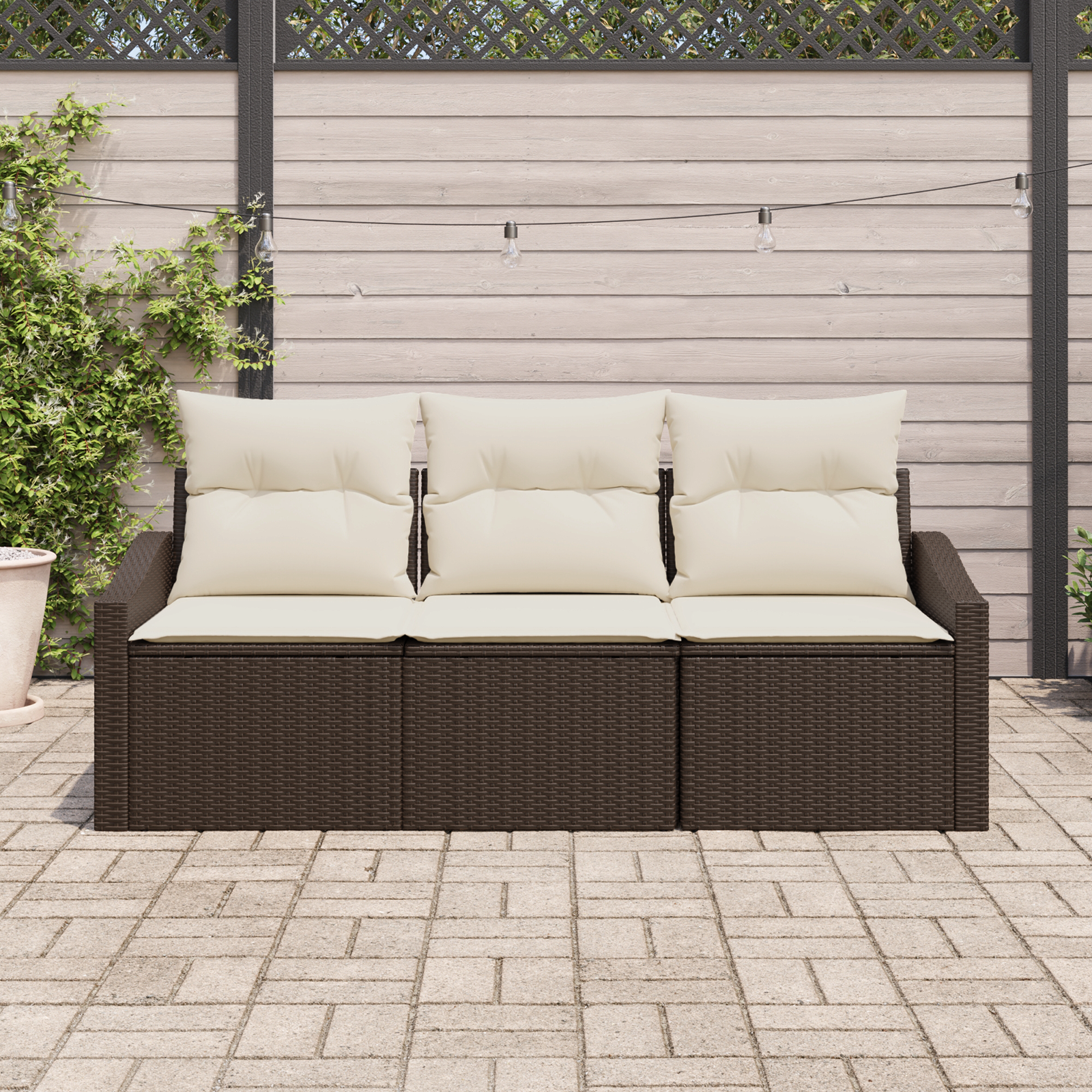 Set di Divani da Giardino 3 Pezzi con Cuscini Marrone in Rattan Sintetico