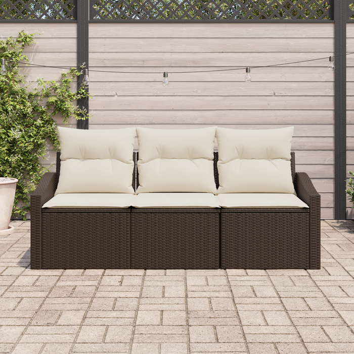 Set di Divani da Giardino 3 Pezzi con Cuscini Marrone in Rattan Sintetico