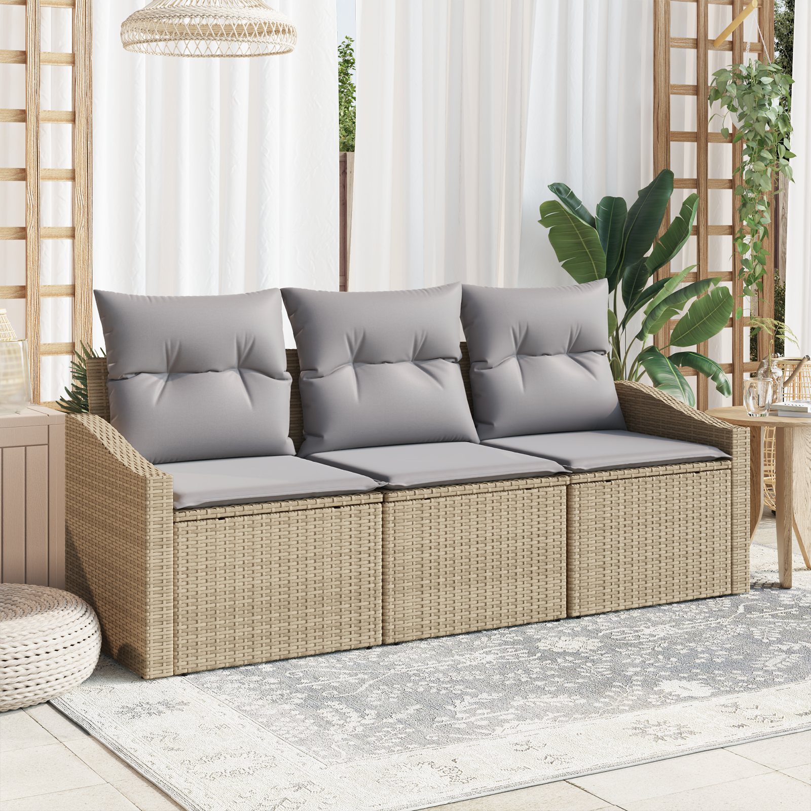 Set Divano da Giardino a 3 Pezzi con Cuscini Beige Rattan Sintetico