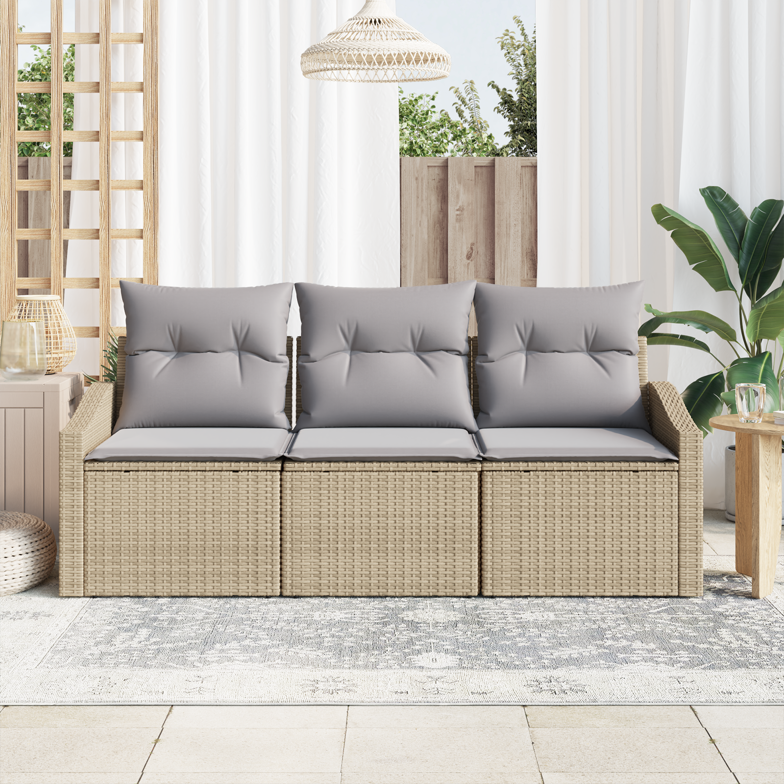 Set Divano da Giardino a 3 Pezzi con Cuscini Beige Rattan Sintetico