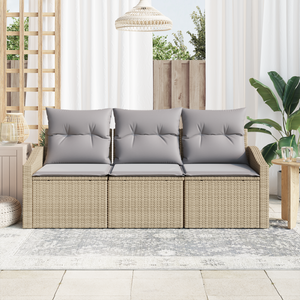 Set Divano da Giardino a 3 Pezzi con Cuscini Beige Rattan Sintetico