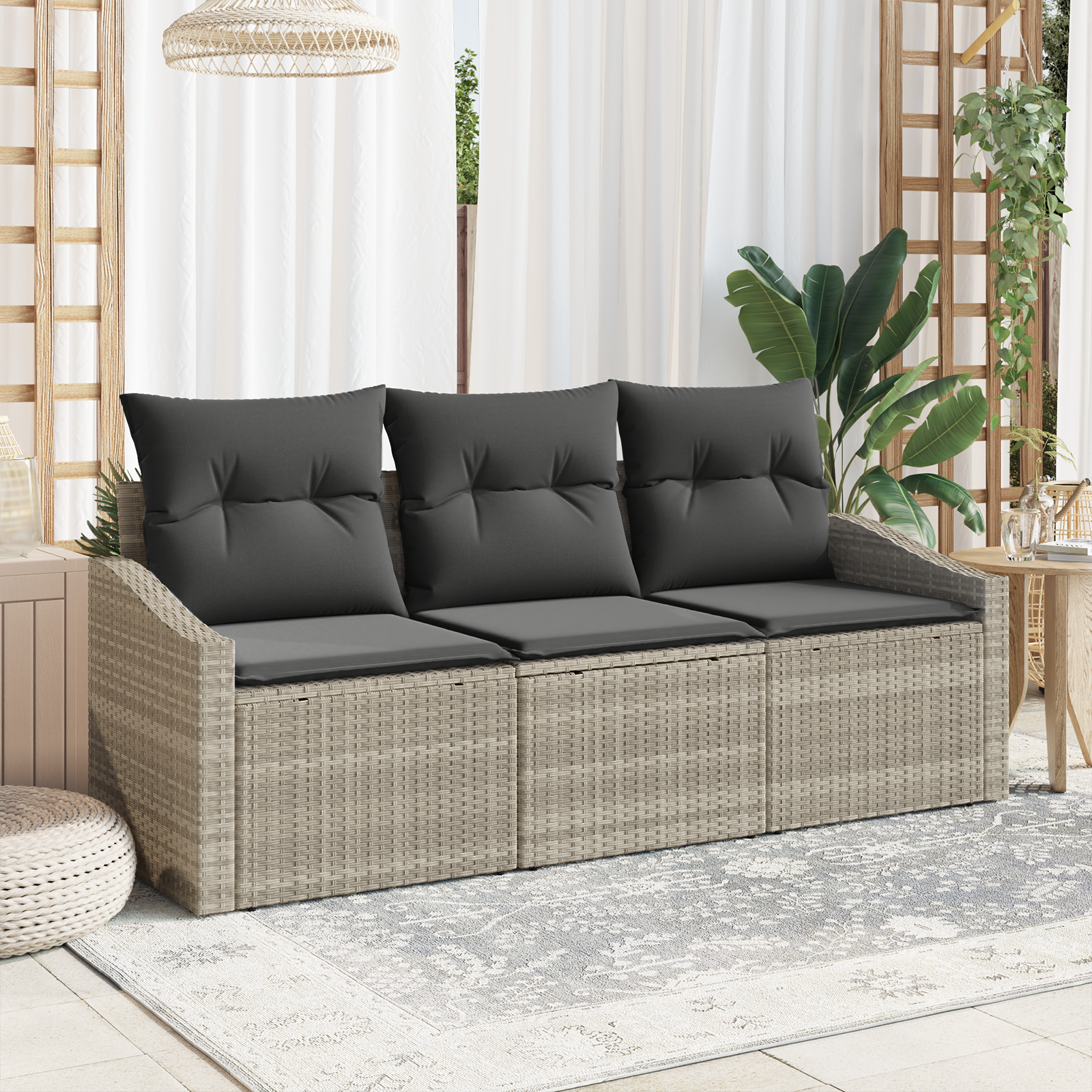 Set di Divani da Giardino in 3 Pezzi con Cuscini Grigio Chiaro Polyrattan