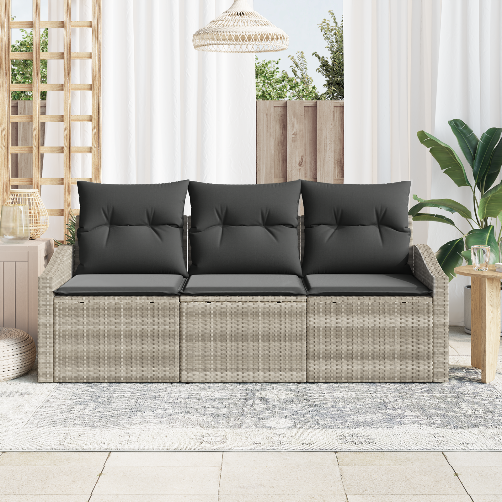 Set di Divani da Giardino in 3 Pezzi con Cuscini Grigio Chiaro Polyrattan