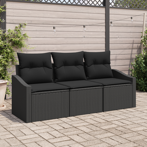 Set divano da giardino da 3 pezzi con cuscini Nero Rattan Polietilene