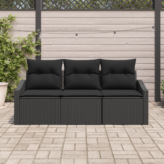 Set divano da giardino da 3 pezzi con cuscini Nero Rattan Polietilene