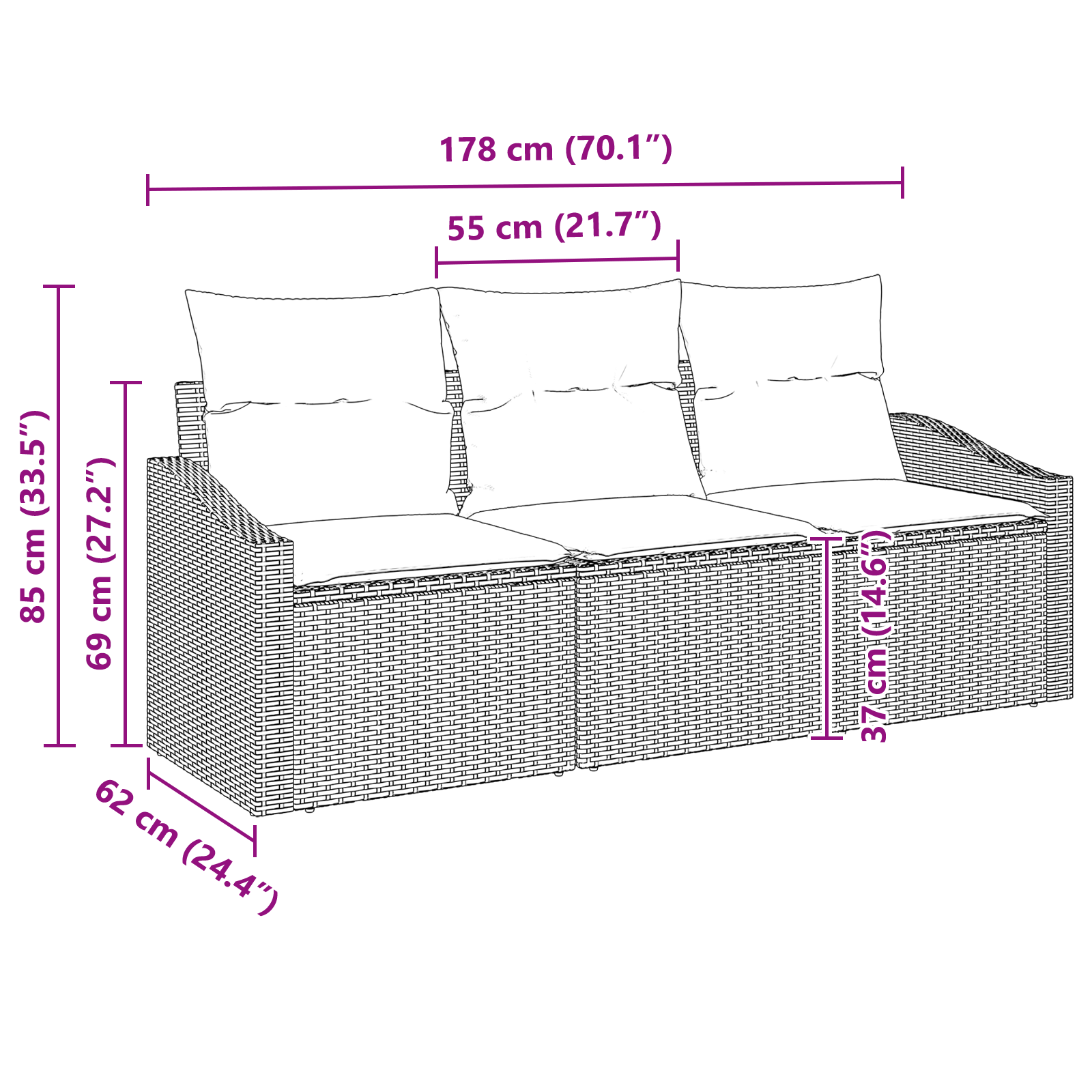 Set divano da giardino da 3 pezzi con cuscini Nero Rattan Polietilene