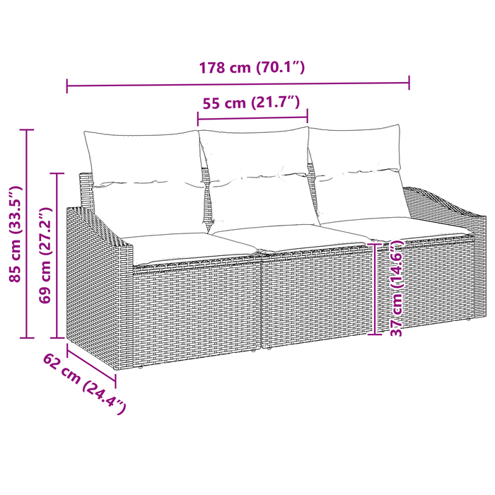 Set divano da giardino da 3 pezzi con cuscini Nero Rattan Polietilene