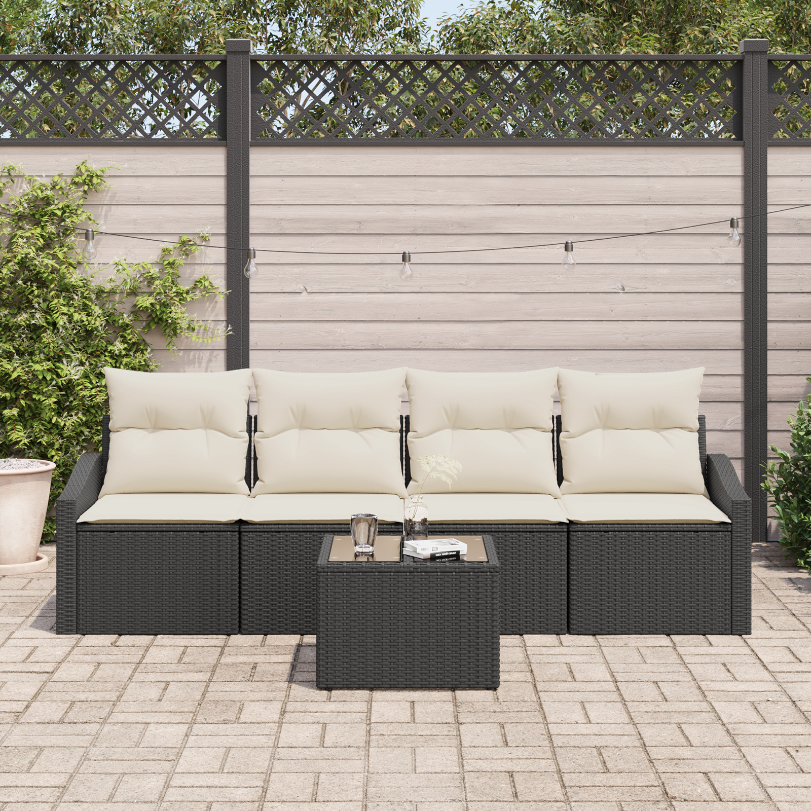 Set Divano da Giardino 5 Pezzi con Cuscini Neri in Rattan Sintetico