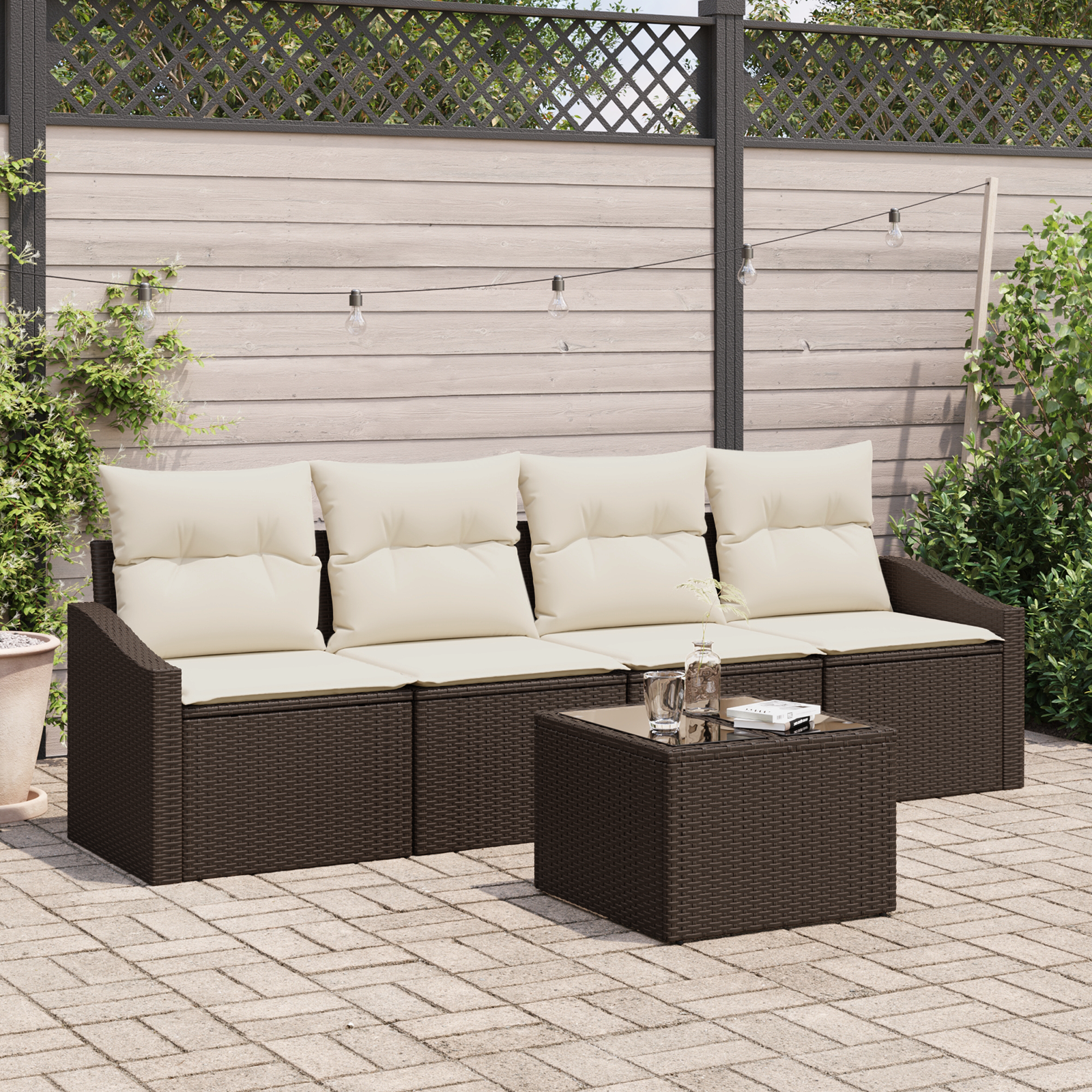 Set Divano da Giardino a 5 pezzi con Cuscini Marrone Polirattan