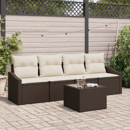 Set Divano da Giardino a 5 pezzi con Cuscini Marrone Polirattan