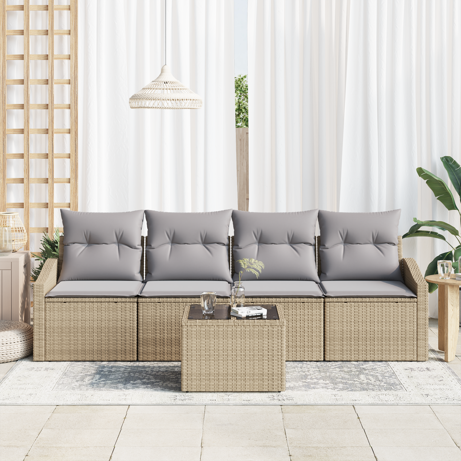 Set Divano da Giardino 5 Pezzi con Cuscini Beige in Polyrattan