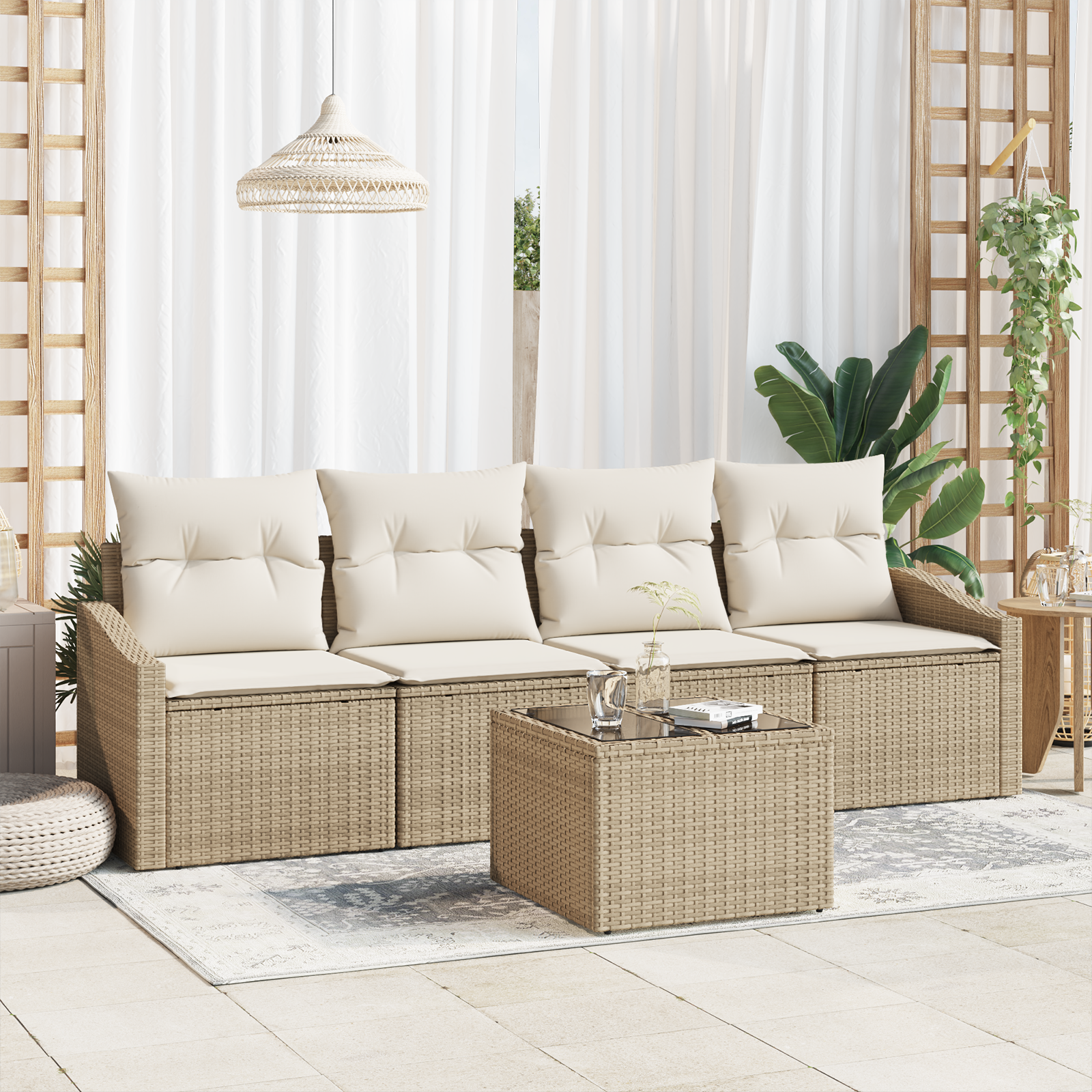 Set Divani Giardino , 5 Pezzi, Cuscini Beige, Rattan Sintetico