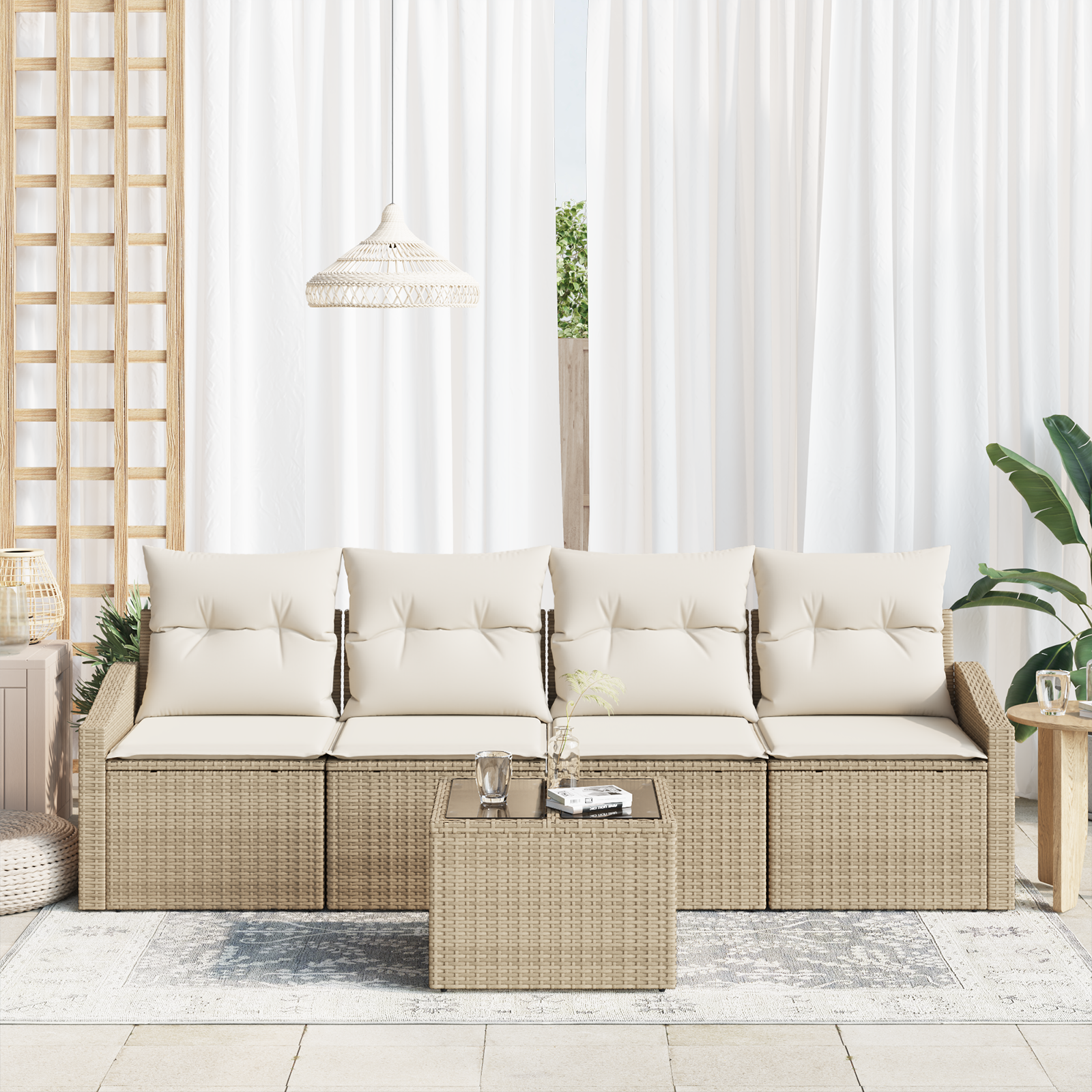 Set Divani Giardino , 5 Pezzi, Cuscini Beige, Rattan Sintetico