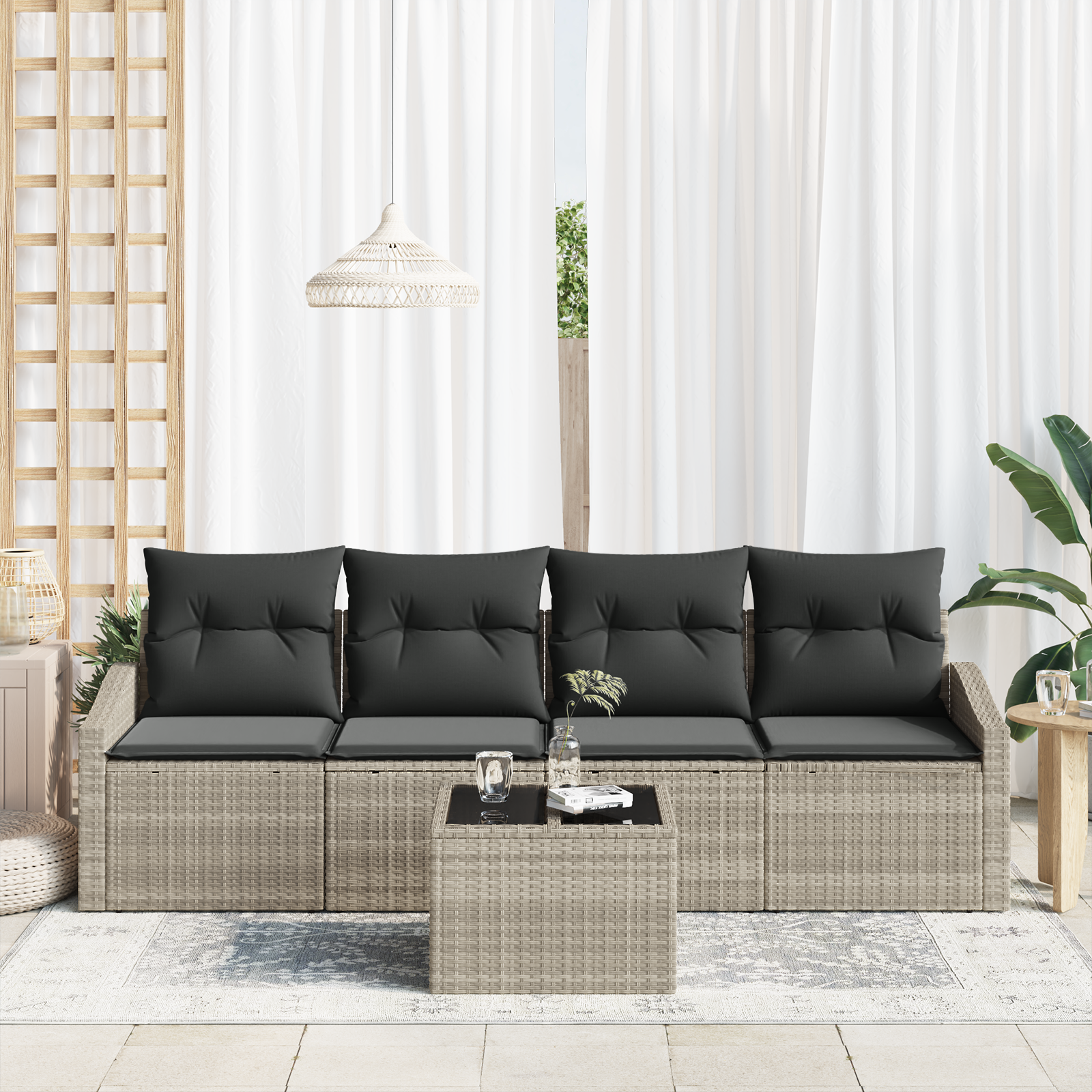 Set Divano Giardino 5 Pezzi con Cuscini Grigio Chiaro Rattan PE