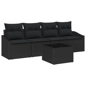 Set Divano da Giardino 5 Pezzi con Cuscini Nero Polyrattan