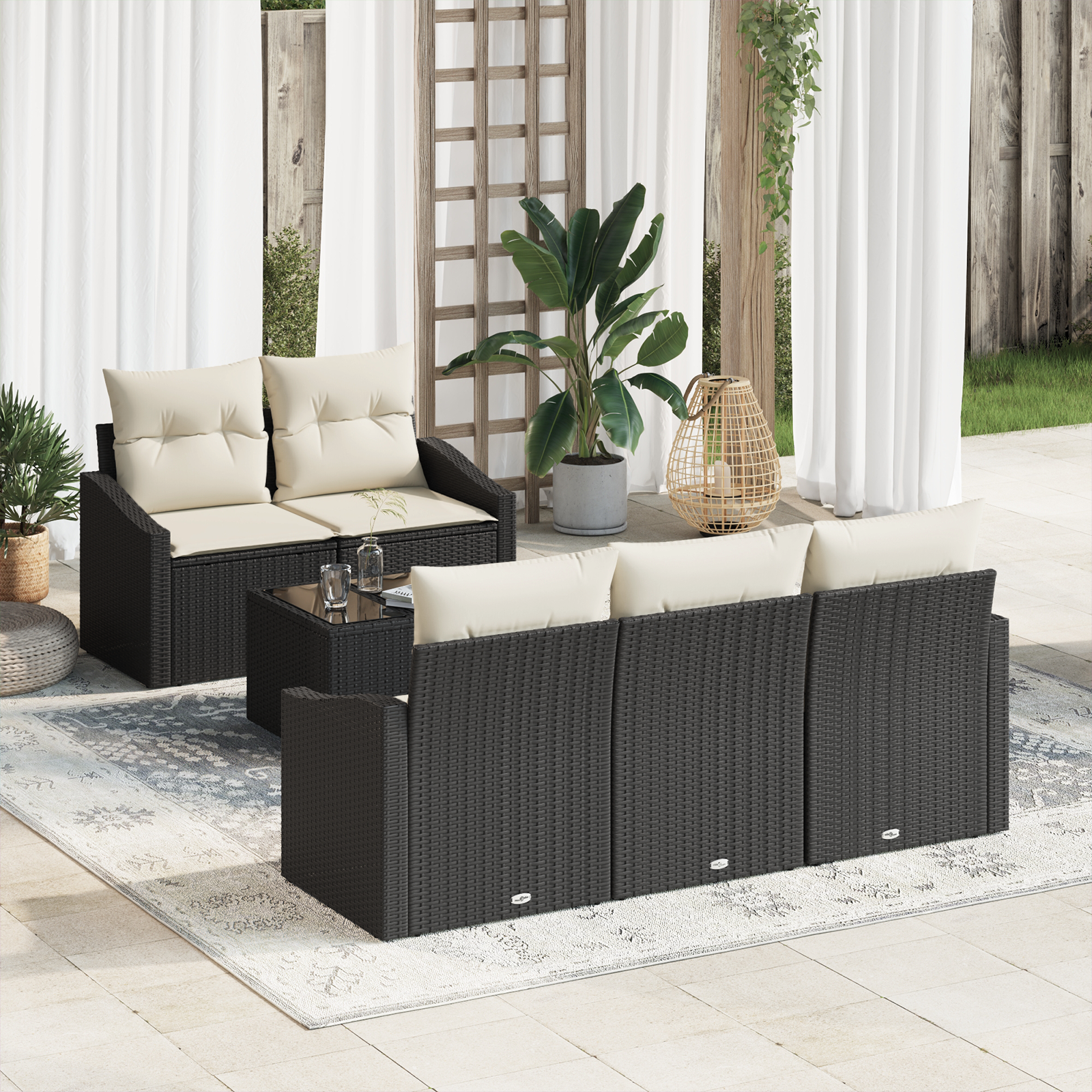 Set di Divani da Giardino in 6 Pezzi con Cuscini Nero Rattan Sintetico