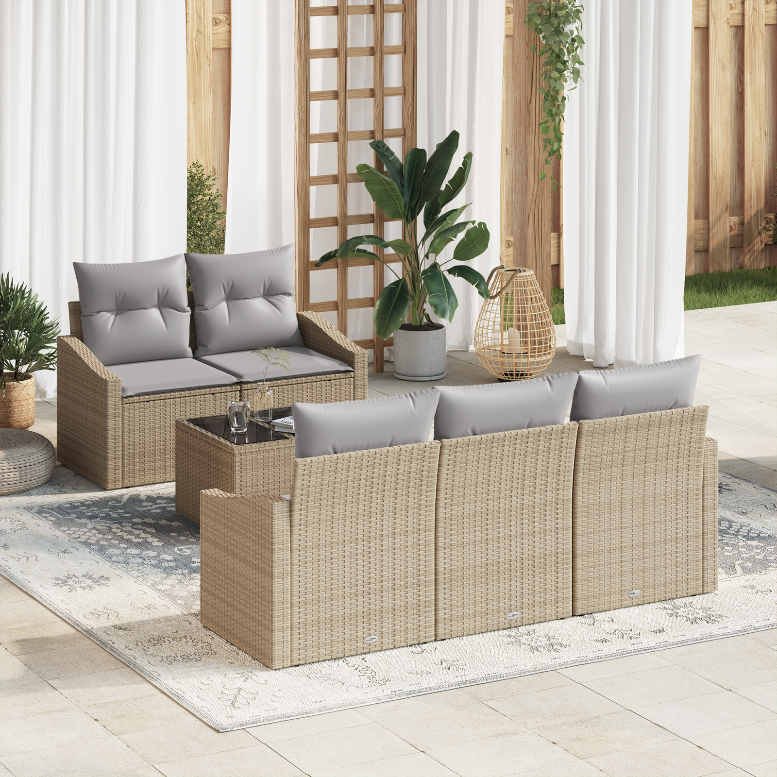 Set Divani Giardino 6 Pezzi con Cuscini Beige in Rattan Polimerico