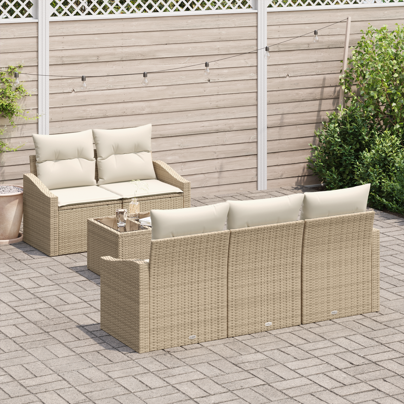 Set Divano da Giardino 6 Pezzi con Cuscini Beige Rattan Poliestere