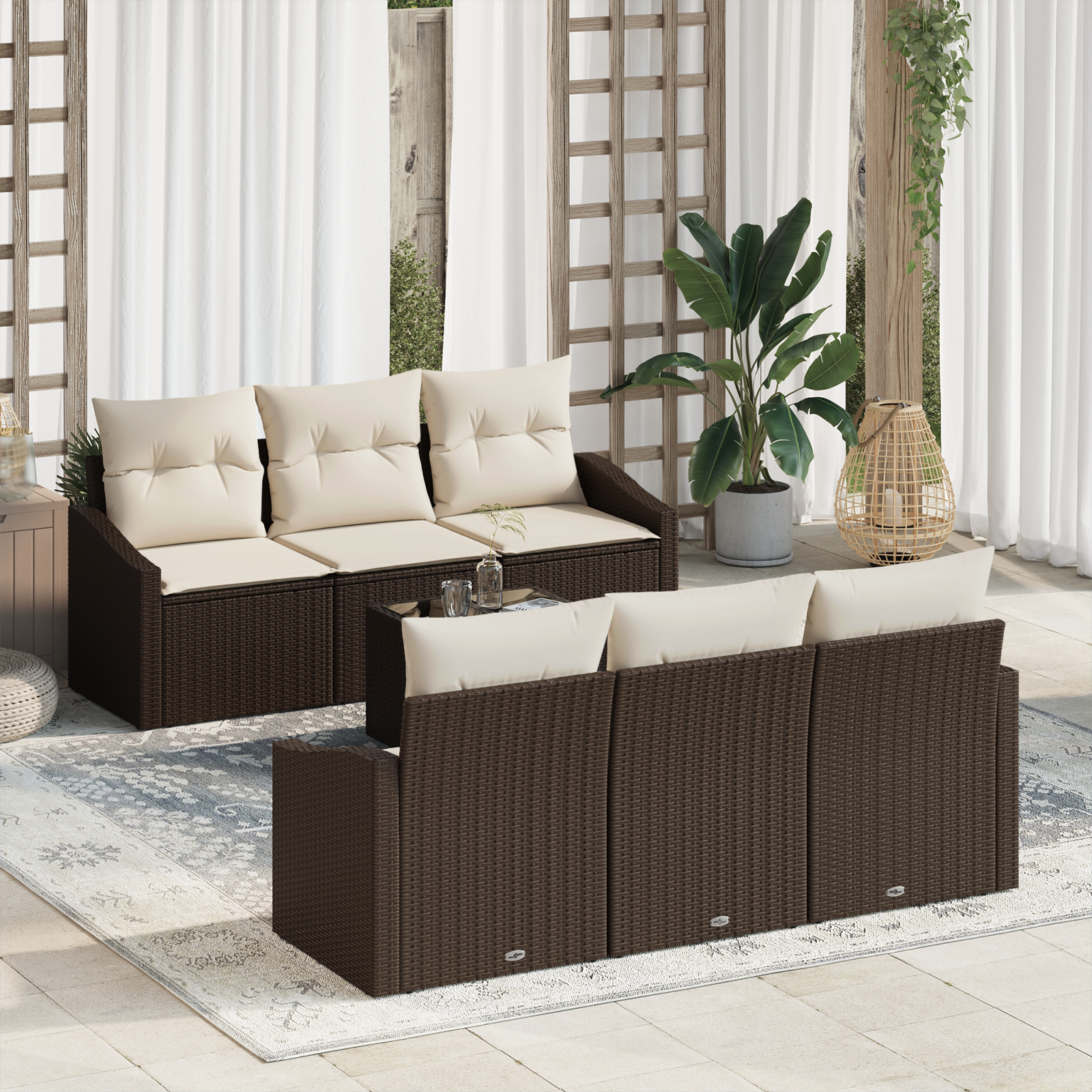 Set Divano da Giardino 7 Pezzi con Cuscini Marrone Polirattan