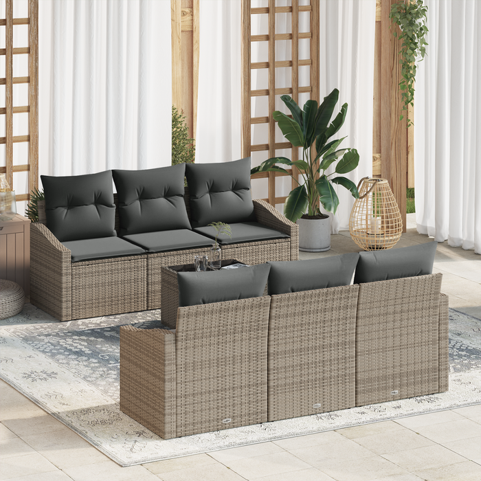 Set da Giardino 7 Pezzi con Cuscini Grigio in Rattan Sintetico