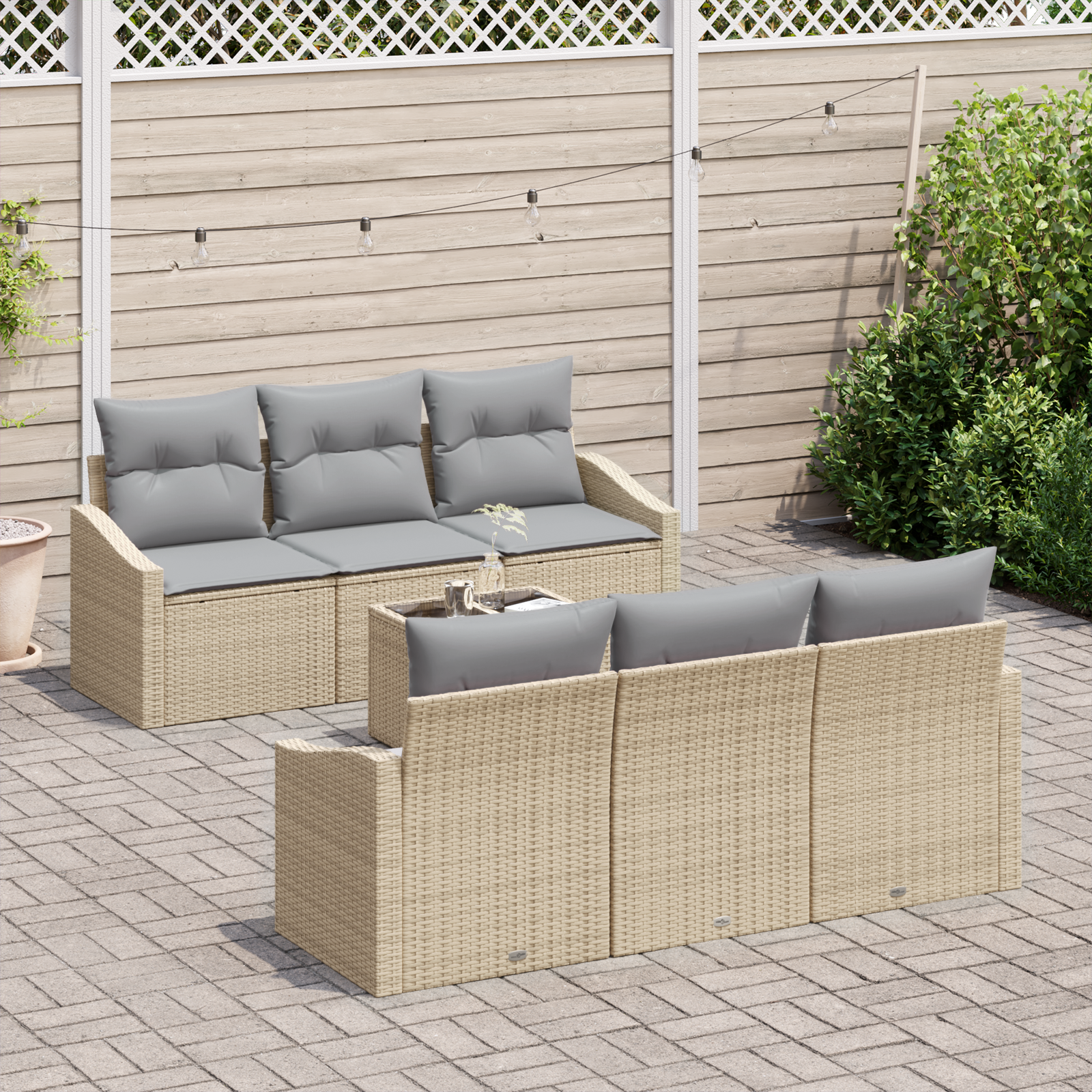 Set Divano da Giardino a 7 Pezzi con Cuscini Beige Polyrattan