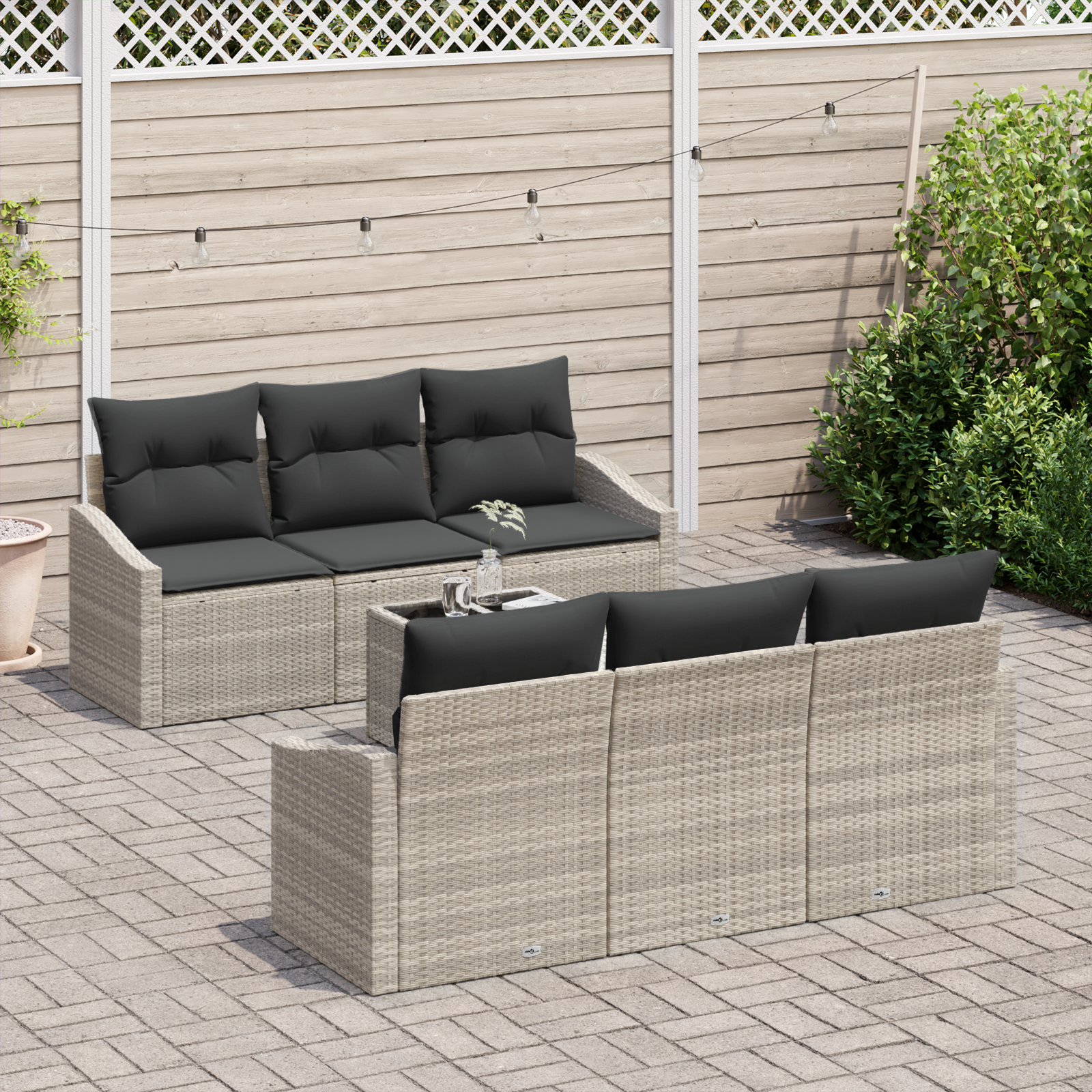Set Divano da Giardino 7 Pezzi con Cuscini Grigio Chiaro Polyrattan