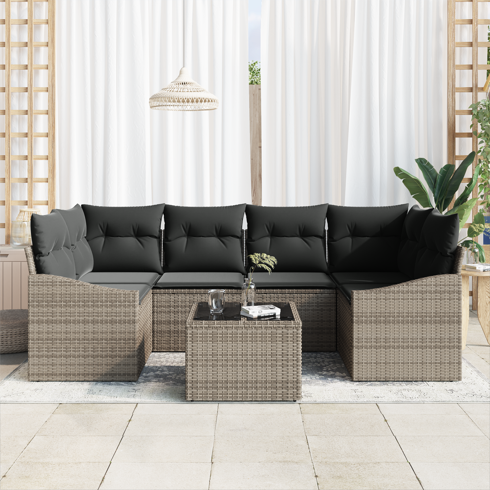 Set di divani da giardino 7 pezzi con cuscini grigio polyrattan