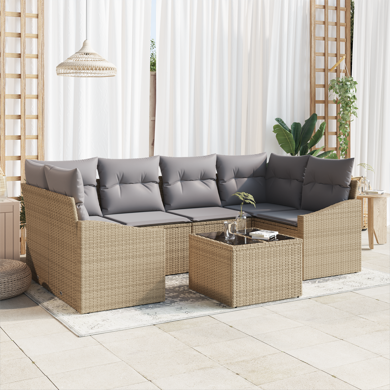 Set Divano Giardino 7 Pezzi con Cuscini Beige Polyrattan