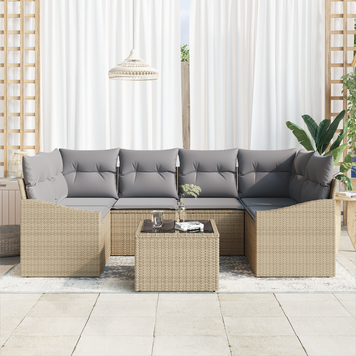 Set Divano Giardino 7 Pezzi con Cuscini Beige Polyrattan