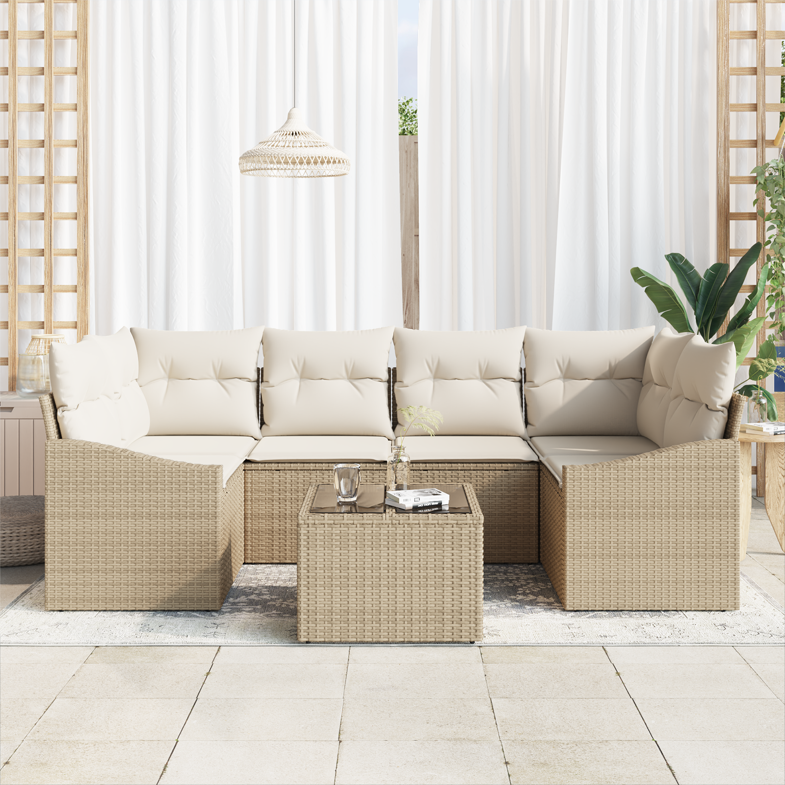 Set di divano da giardino 7 pezzi con cuscini Beige in Rattan sintetico