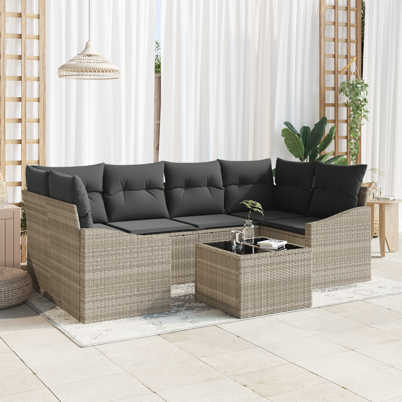 Set di Divani da Giardino 7 Pezzi con Cuscini Grigio Chiaro Rattan Sintetico