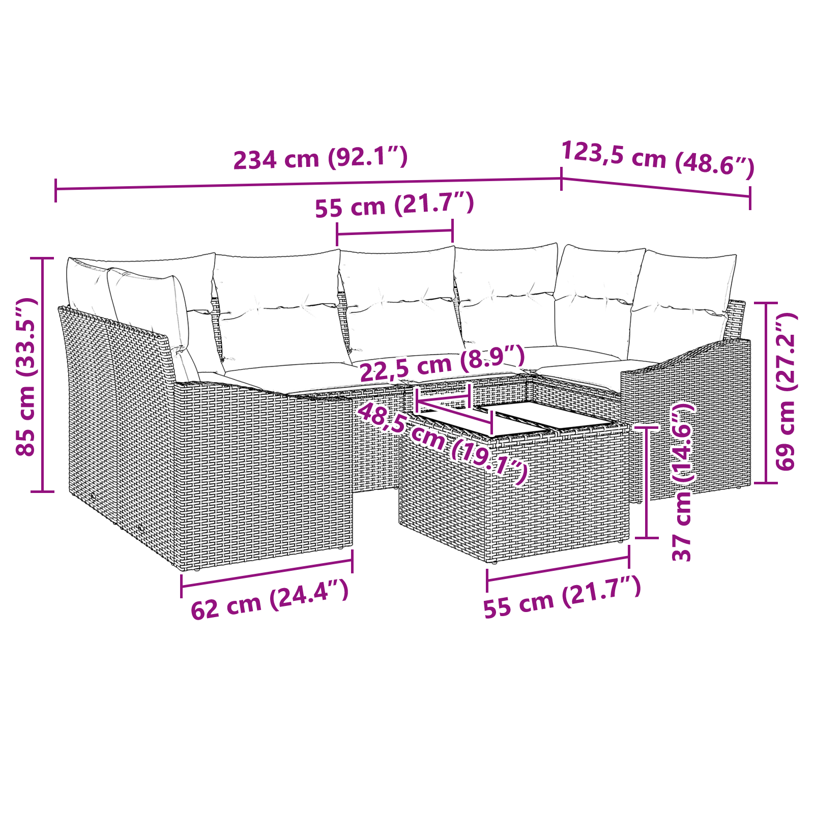 Set di Divani da Giardino 7 Pezzi con Cuscini Grigio Chiaro Rattan Sintetico