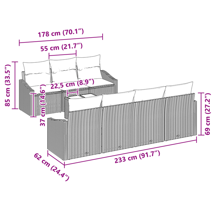 Set Divano Giardino 8 Pezzi con Cuscini Marrone Polirattan