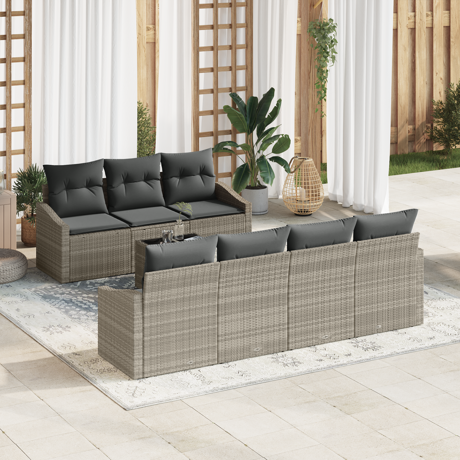 Set di Divani da Giardino da 8 Pezzi con Cuscini in Polyrattan Grigio Chiaro