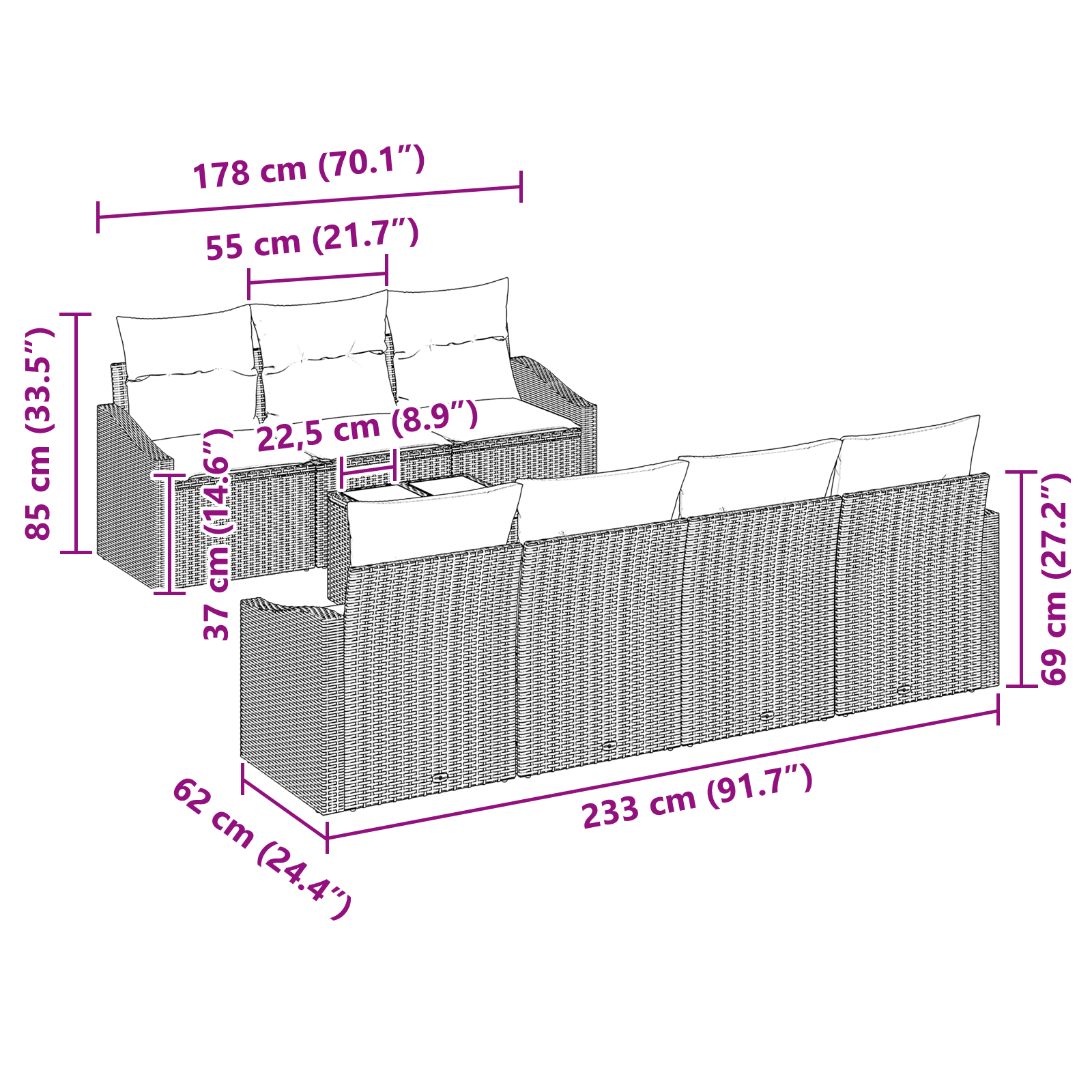 Set di Divani da Giardino da 8 Pezzi con Cuscini in Polyrattan Grigio Chiaro