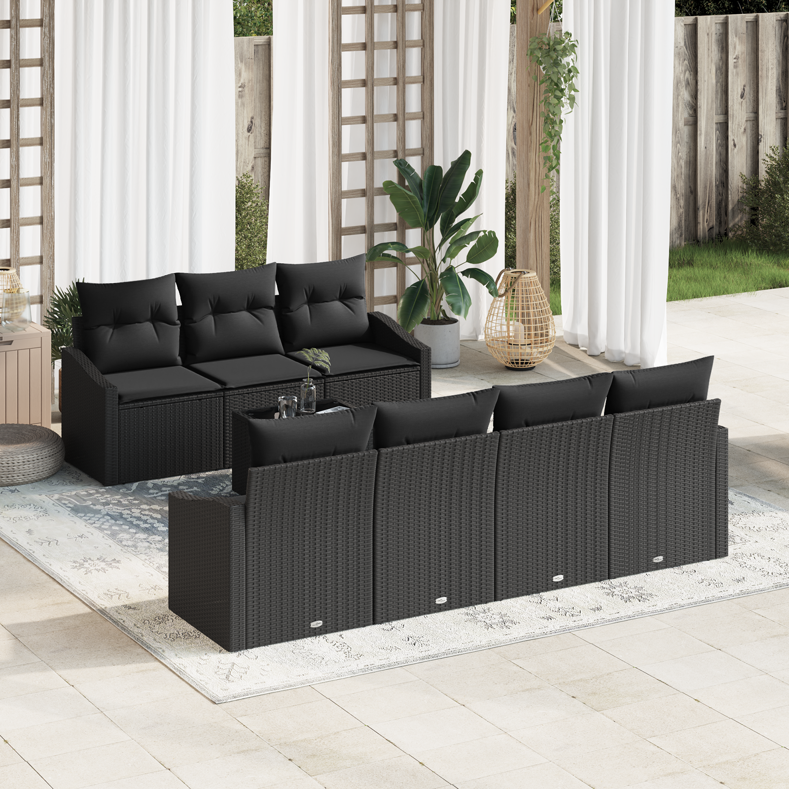 Set di Sofà da Giardino da 8 Pezzi con Cuscini Nero Rattan Polimero