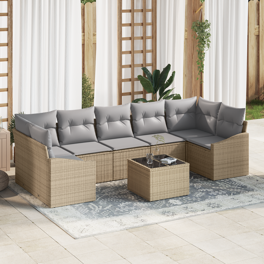 Set Divano da Giardino a 8 Pezzi con Cuscini Beige in Polirattan