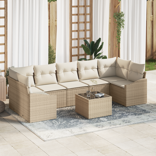 Set di Divani da Giardino a 8 Pezzi con Cuscini Beige in Polirattan