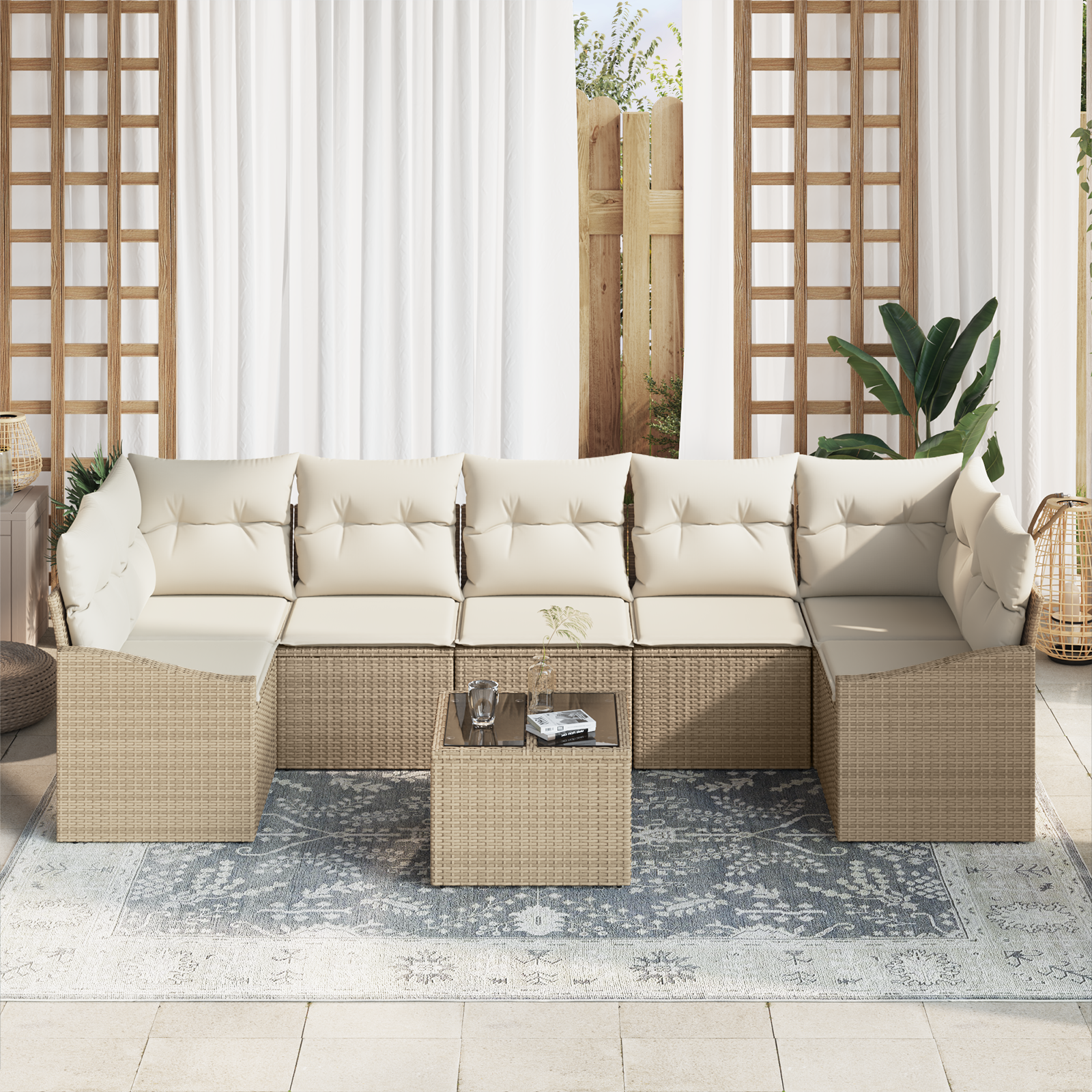 Set di Divani da Giardino a 8 Pezzi con Cuscini Beige in Polirattan