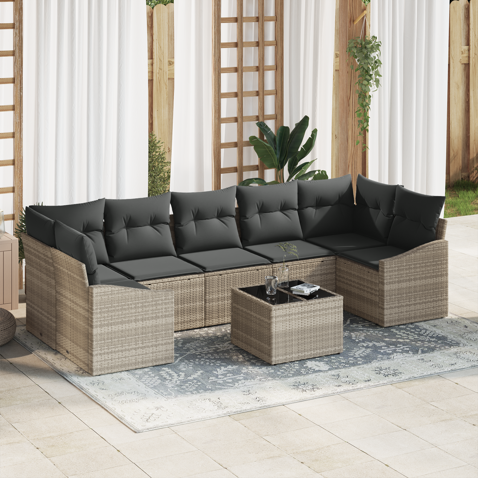 Set di Divani da Giardino 8 Pezzi con Cuscini Grigio Chiaro Polyrattan