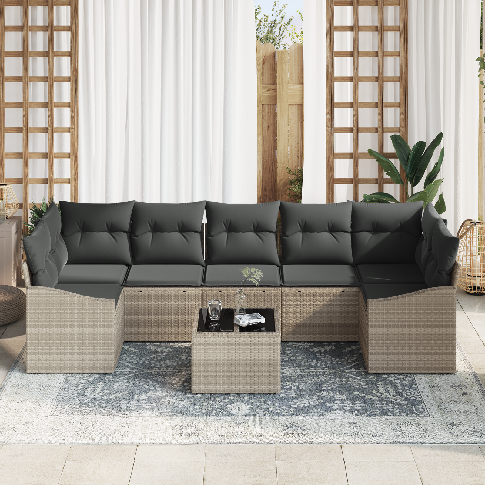 Set di Divani da Giardino 8 Pezzi con Cuscini Grigio Chiaro Polyrattan