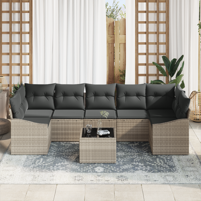 Set di Divani da Giardino 8 Pezzi con Cuscini Grigio Chiaro Polyrattan