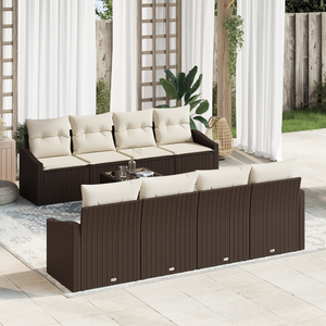 Set di divani da giardino 9 pezzi con cuscini marrone polyrattan