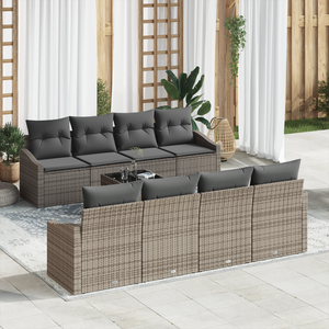 Set di divani da giardino 9 pezzi con cuscini Grigio Polyrattan