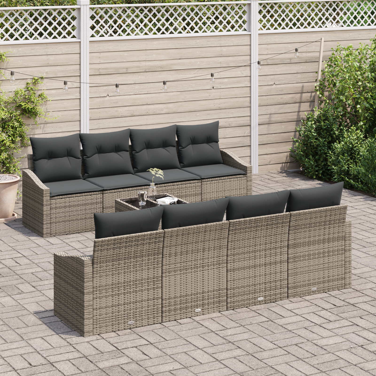 Set di divani da giardino 9 pezzi con cuscini Grigio Polyrattan