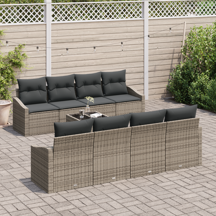 Set di divani da giardino 9 pezzi con cuscini Grigio Polyrattan