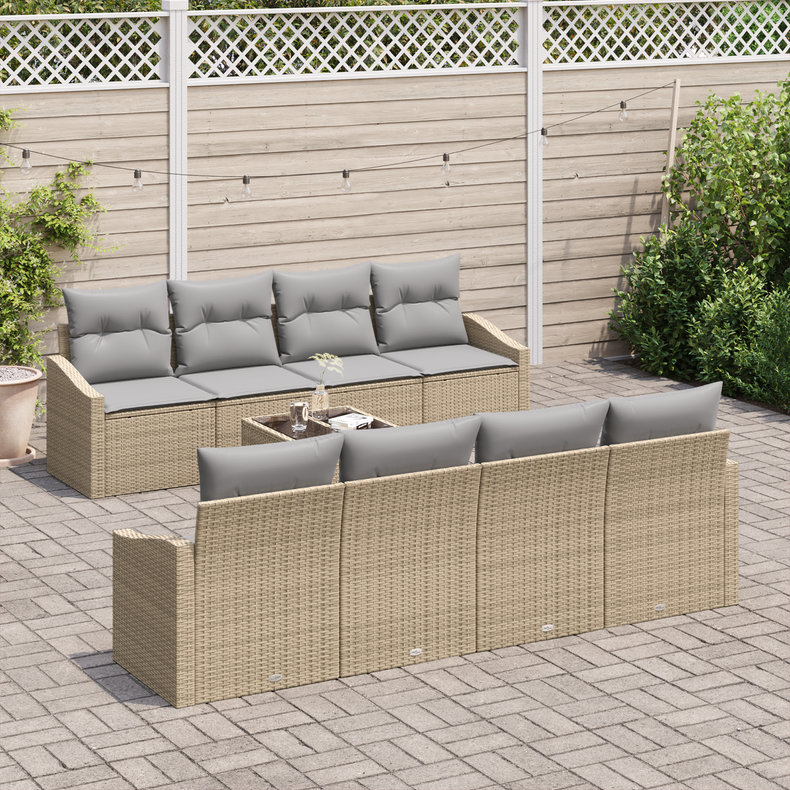 Set di divani da giardino 9 pezzi con cuscini beige in rattan sintetico