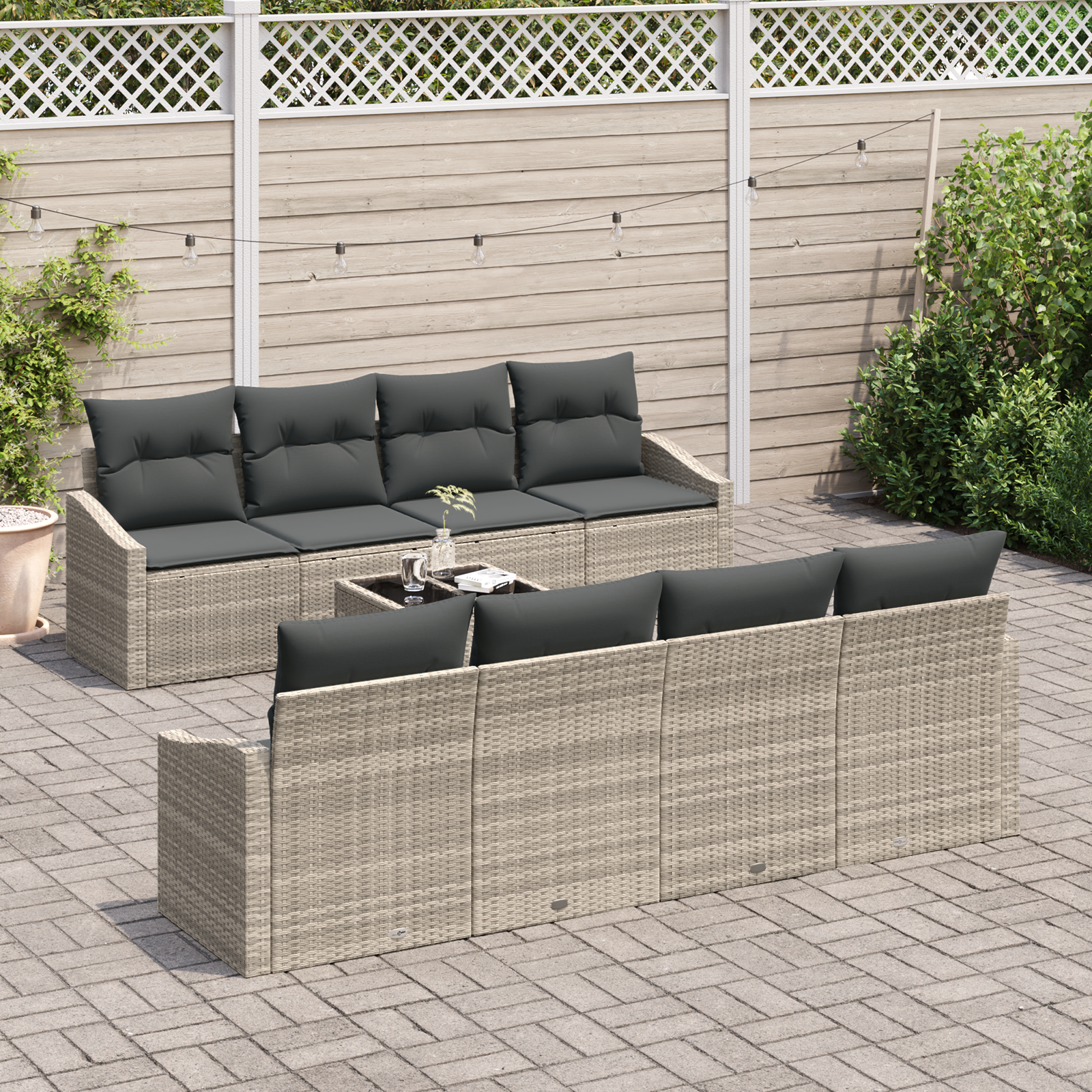 Set divano da giardino 9 pezzi con cuscini grigio chiaro in rattan polimerico